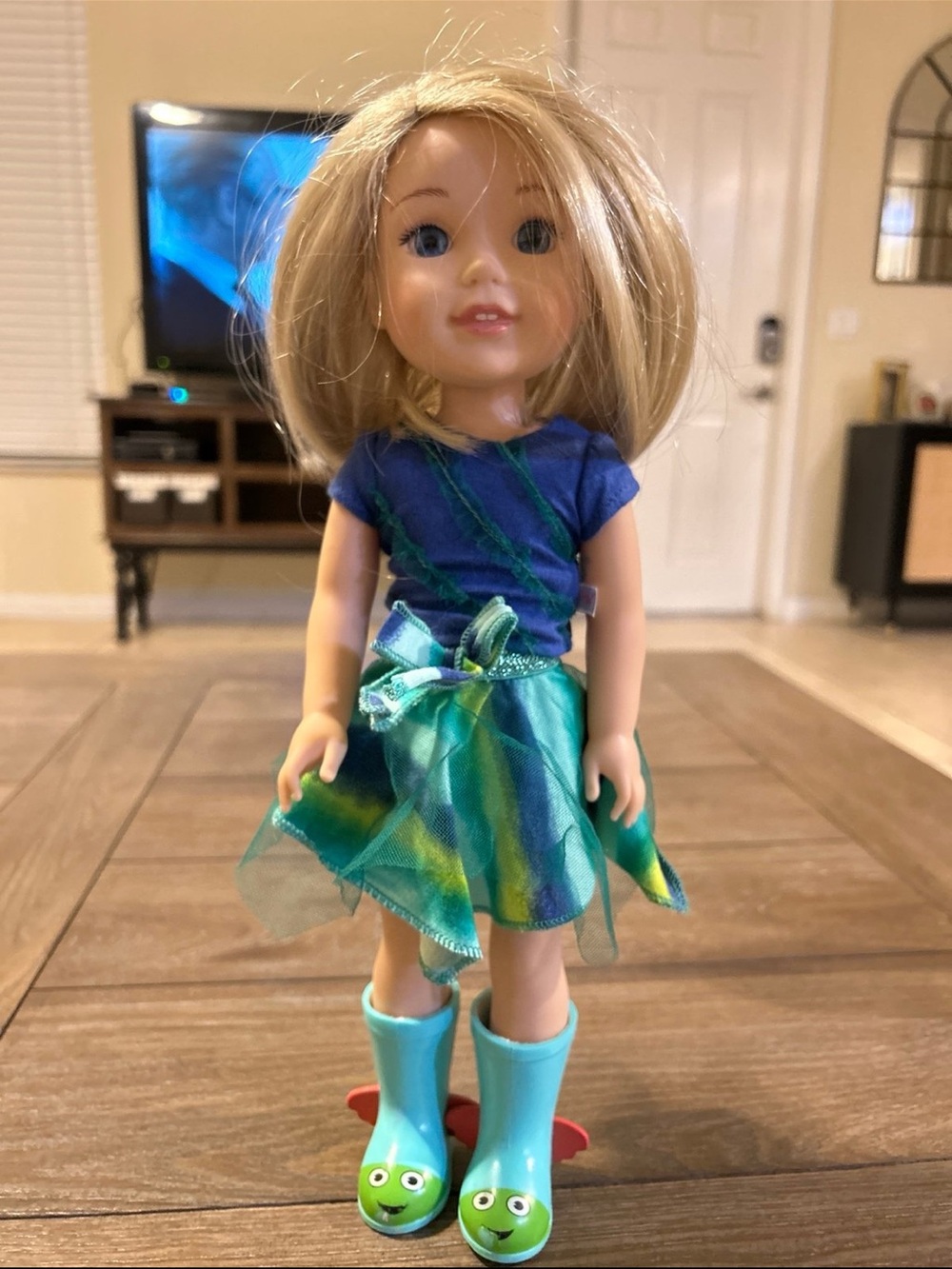 American Girl Blonde Doll in Blue Top and Teal Skirt with Frog Boots